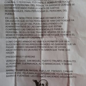 ACCIÓN URGENTE No. 21: NUEVAS AMENAZAS POR PARTE DE GRUPOS PARAMILITARES A LOS PRESIDENTES DE JUNTAS DE ACCION COMUNAL DE LA VEREDA DE MATARRATON Y LA INSPECCIÓN DEL PORVENIR, PUERTO GAITAN – META