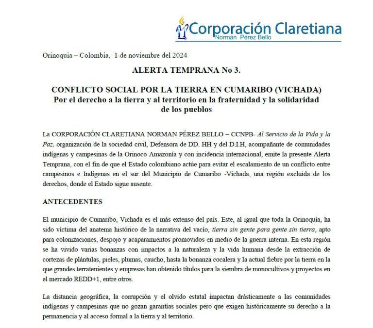 ALERTA TEMPRANA No. 3  CONFLICTO SOCIAL POR LA TIERRA EN CUMARIBO (VICHADA)