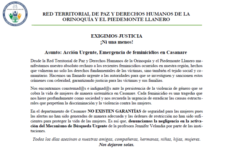 ¡NI UNA MENOS! Emergencia de Violencia de Género en Casanare