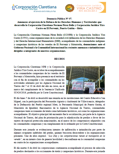 Denuncia Pública N°57. Amenazas al ejercicio de la Defensa de los Derechos Humanos y Territoriales en El Porvenir, Puerto Gaitán – Meta.